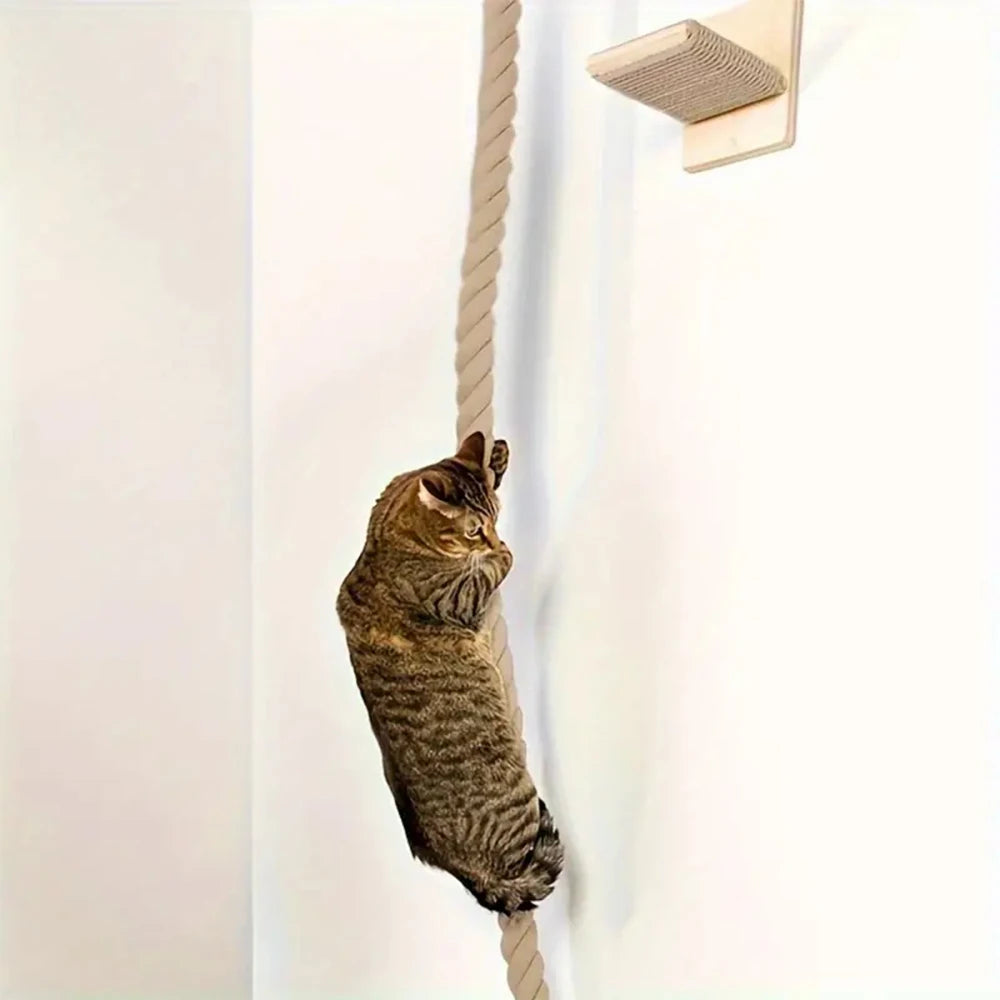 1 Piece Wall-Mounted Cat Climbing Rope Solid Wooden Pedals and Sisal Rope Kitten Training Claw Grinding Indoor Cat Furniture