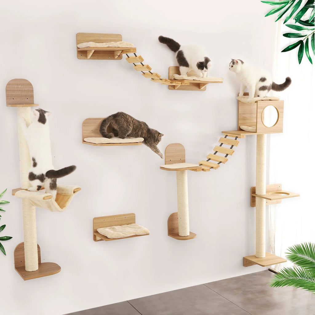 1 Piece Wall-Mounted Cat Climbing Rope Solid Wooden Pedals and Sisal Rope Kitten Training Claw Grinding Indoor Cat Furniture