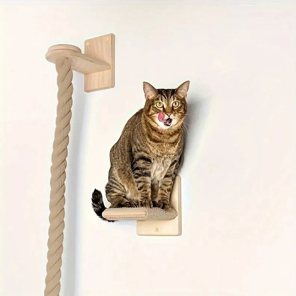 1 Piece Wall-Mounted Cat Climbing Rope Solid Wooden Pedals and Sisal Rope Kitten Training Claw Grinding Indoor Cat Furniture